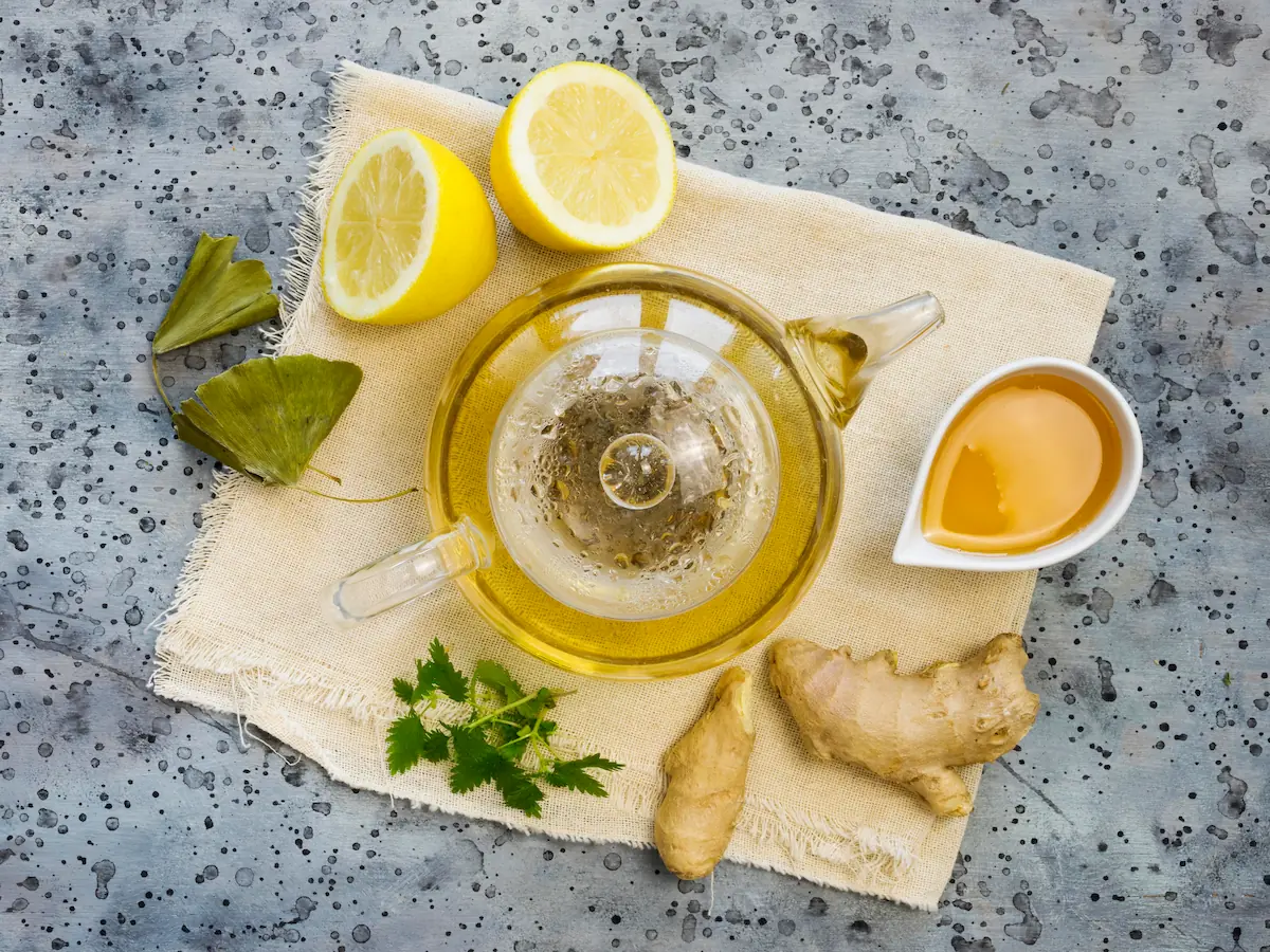 Tisane au citron, gingembre, ginkgo et persil, ingrédients qui soutiennent naturellement les organes émonctoires