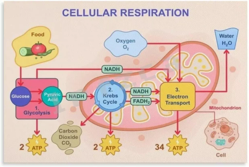 Schéma explicatif de la membrane mitochondriale et de la production d'énergie ATP.