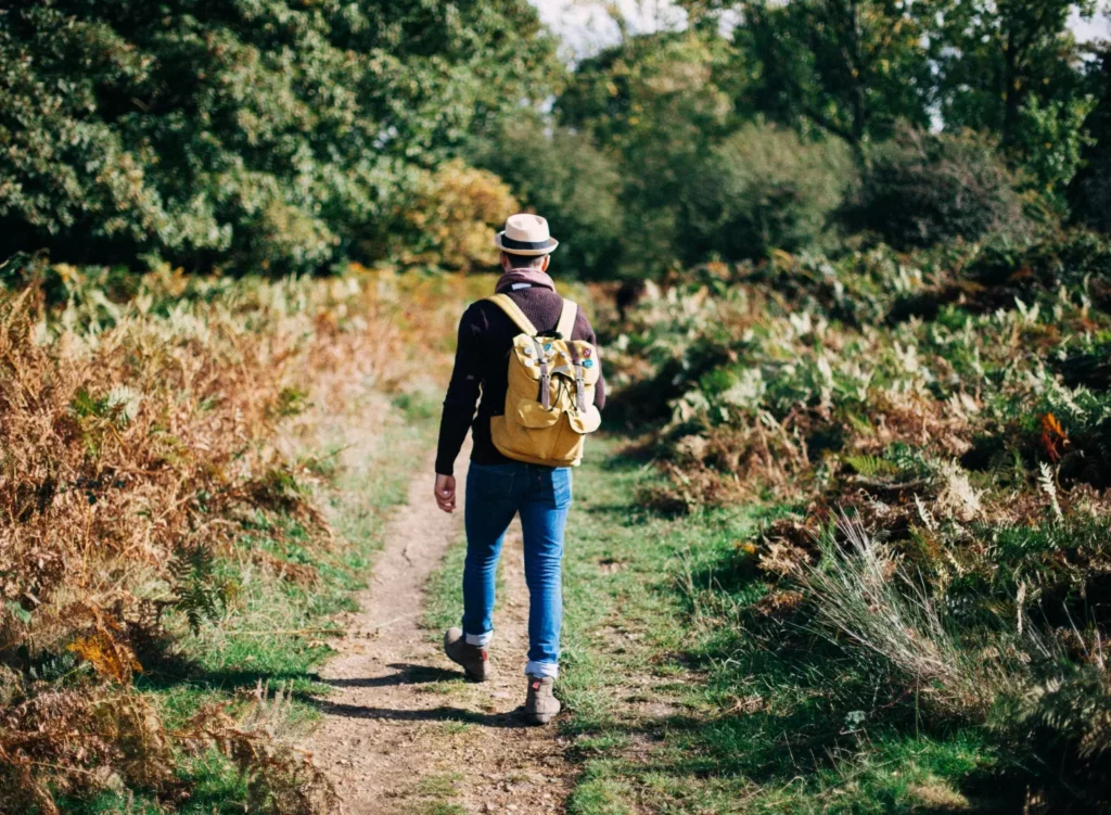 Homme marchant en pleine forêt pour illustrer le retour à la vitalité grâce à une solution naturelle contre le virus Epstein-Barr.