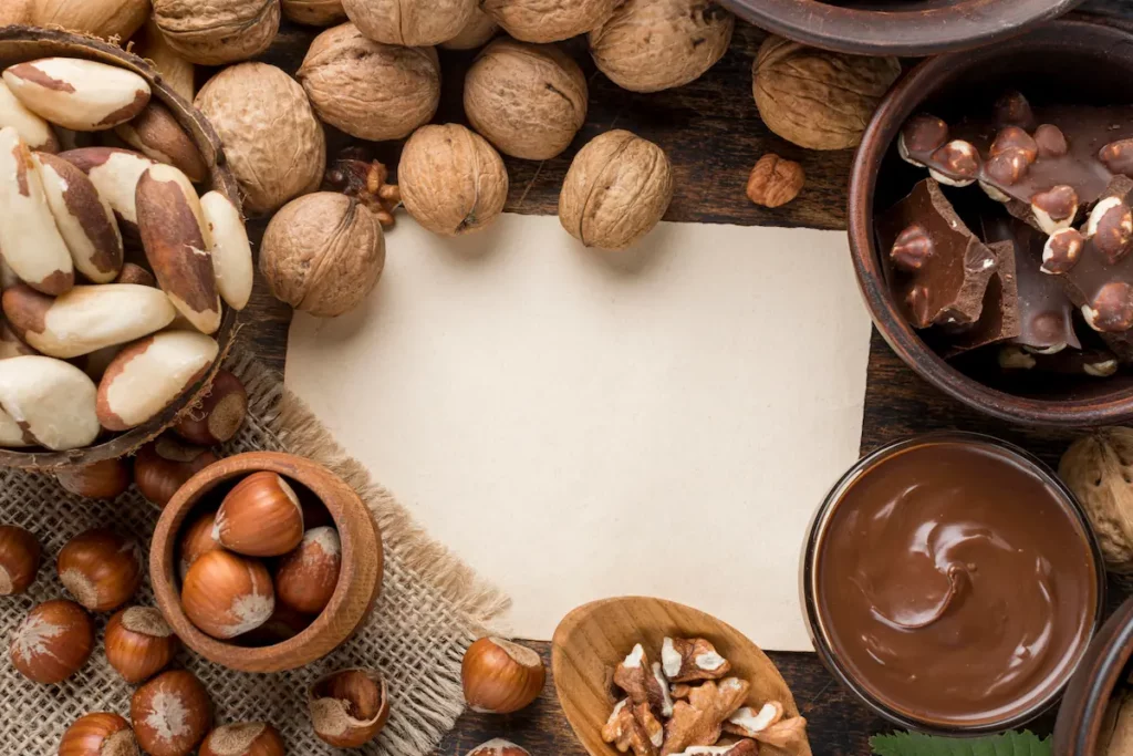Assortiment d'aliments soutenant le système nerveux : noix, noisettes, chocolat noir et pâte de noisettes sur table en bois